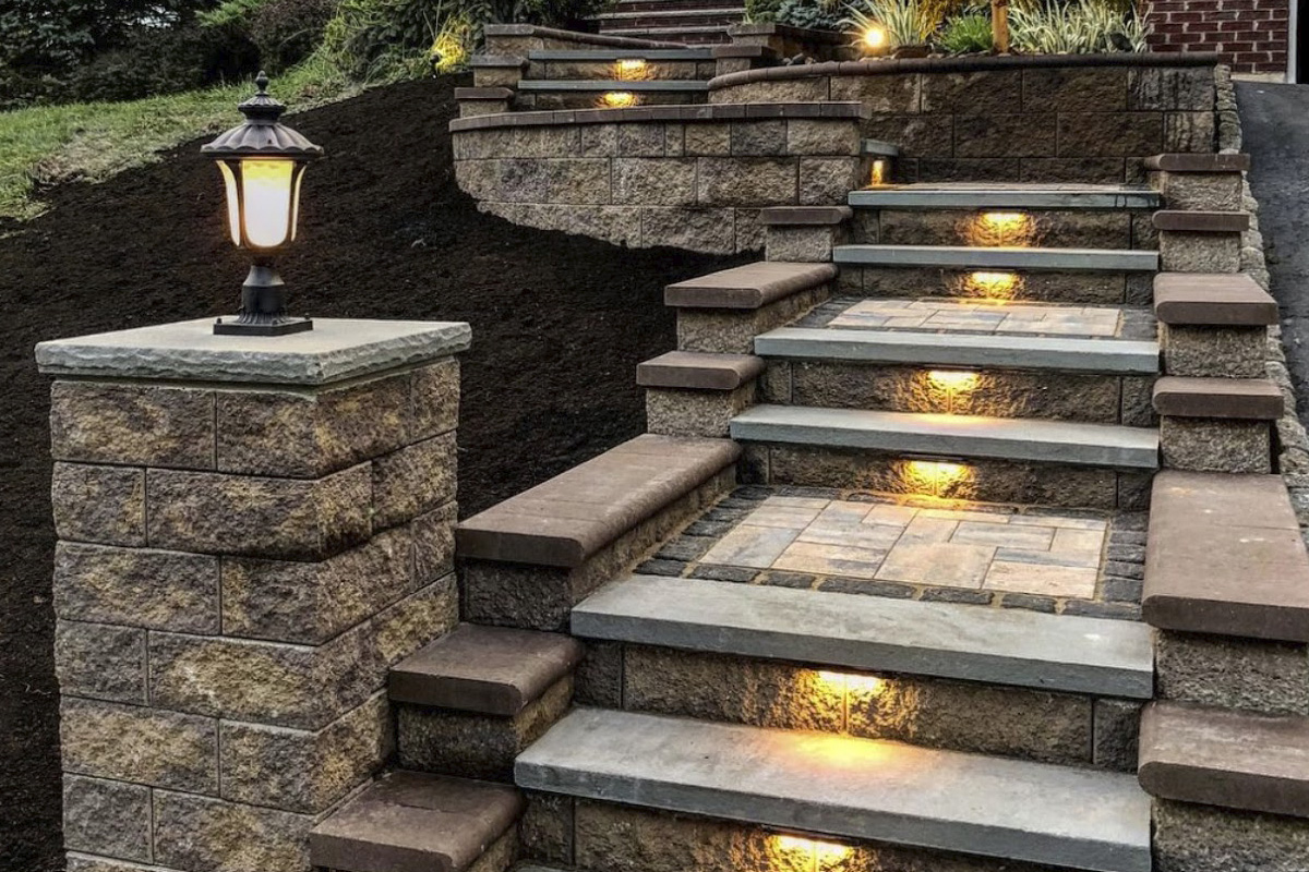 a stone stairs with lights