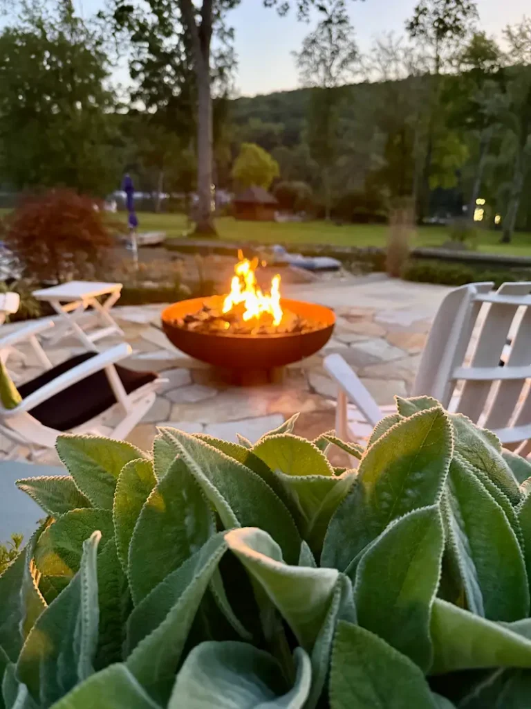 Backyard patio decorated with pumpkins and mums in Glen Rock NJ
